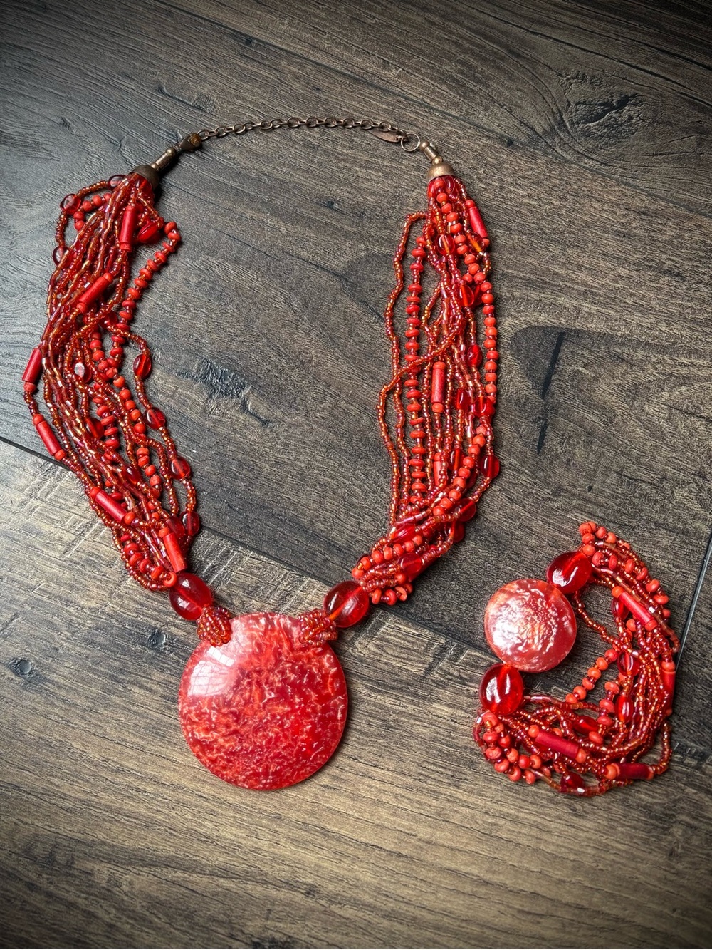 Chunky Red Orange Multi Strand Necklace Bracelet Set Vintage Y2K Avenue